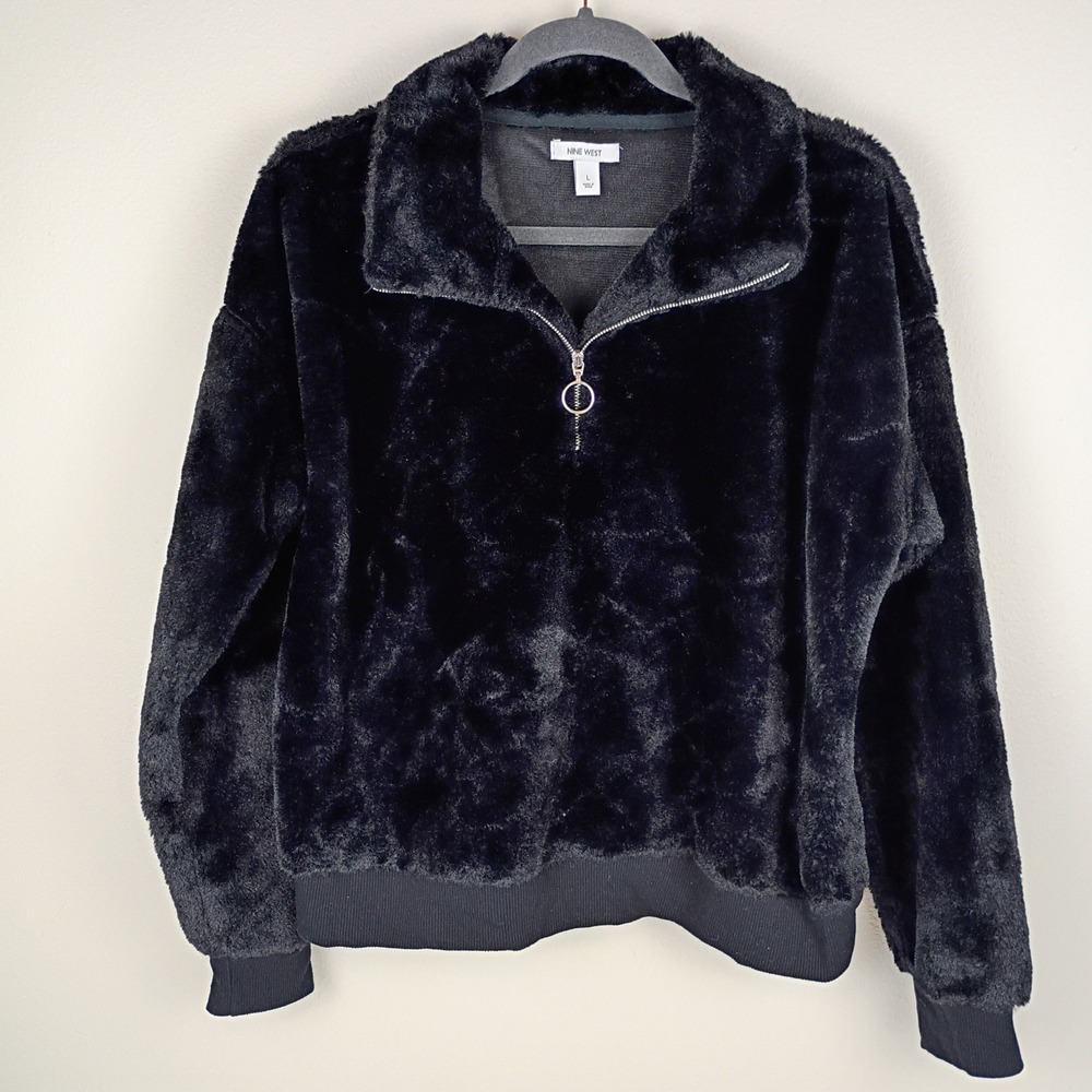 Nine West Womens Black Faux Fur Quarter Zip Pullover Sweater Large Ribbed Trim - Picture 2 of 8